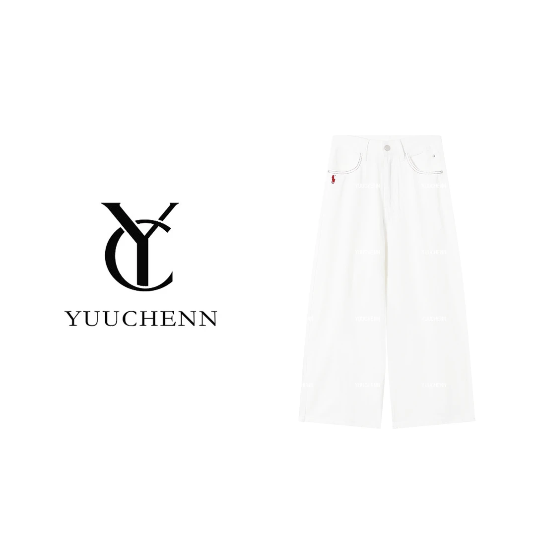 YUUCHENN 高腰牛仔裤时尚阔腿裤橘子树白色裤子刺绣W61571