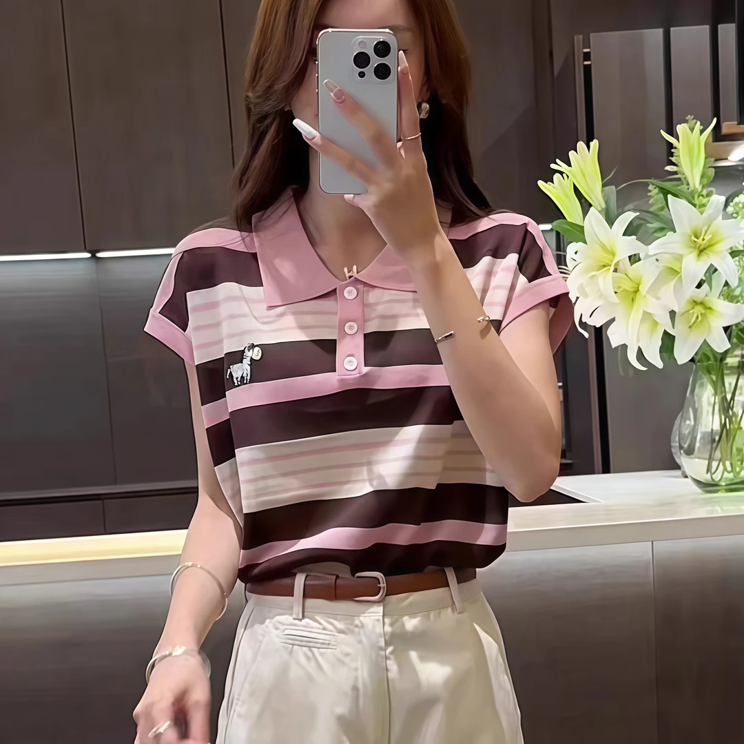 条纹小飞袖连肩POLO领针织衫女2025夏季新款减龄刺绣小马上衣小衫