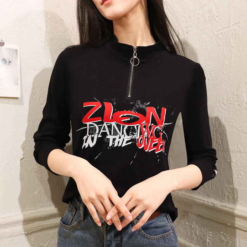 2025春季新款螺纹棉字母印花拉链立领长袖运动健身操上衣TTZY