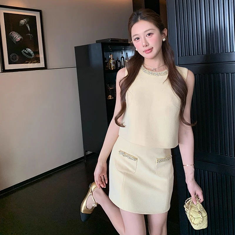 富家千金风无袖马甲上衣短裙子小香风套装女夏季薄款套装