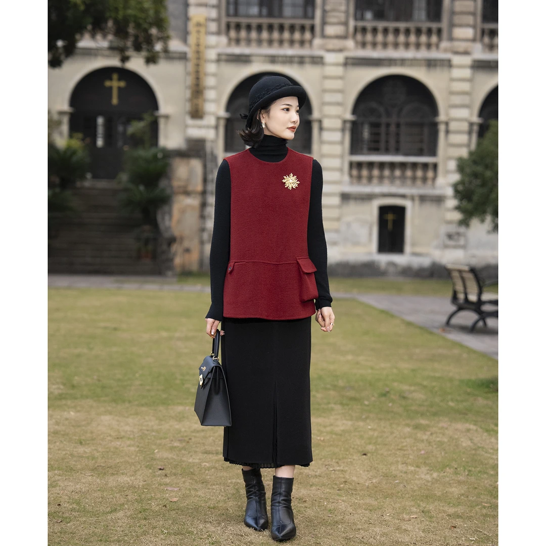 秋冬圆领保暖叠穿双面呢无袖马夹女6677-24685