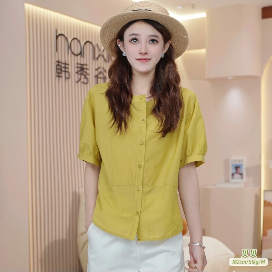 纯色时尚百搭短袖衬衫女2025夏季新款宽松遮肚子休闲洋气上衣B691