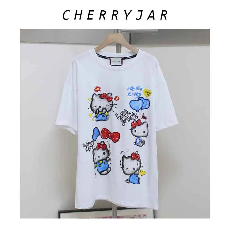 Cherryjar【25727】夏季潮流kt猫卡通印花宽松T恤时尚休闲百搭单品