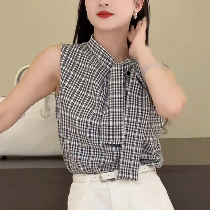 格子系带无袖女衬衫夏季2025新款时尚显瘦减龄洋气休闲设计感上衣
