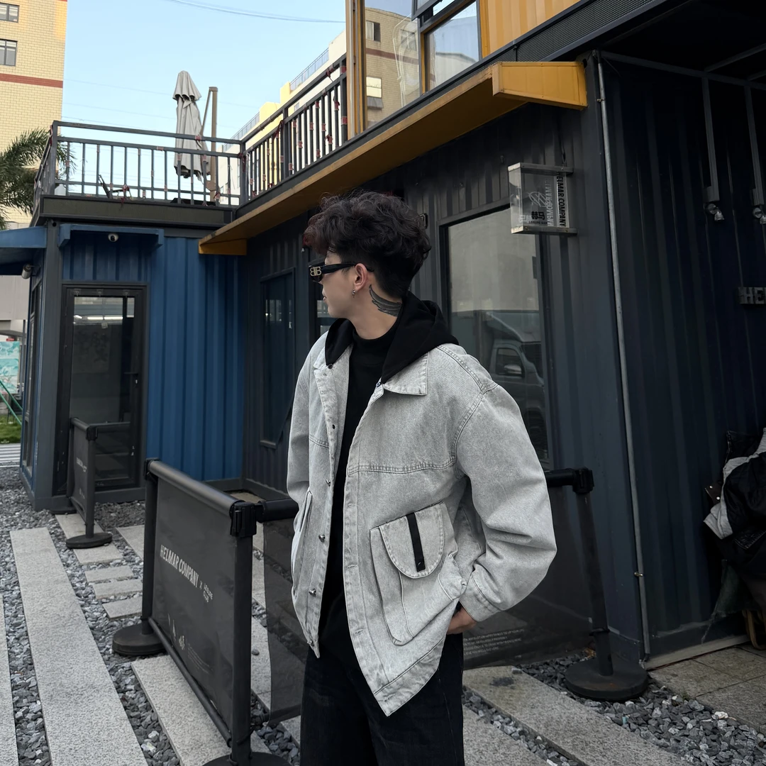 【YUZE】秋冬季新款潮流工装口袋设计水洗破坏牛仔棉衣连帽外套2701
