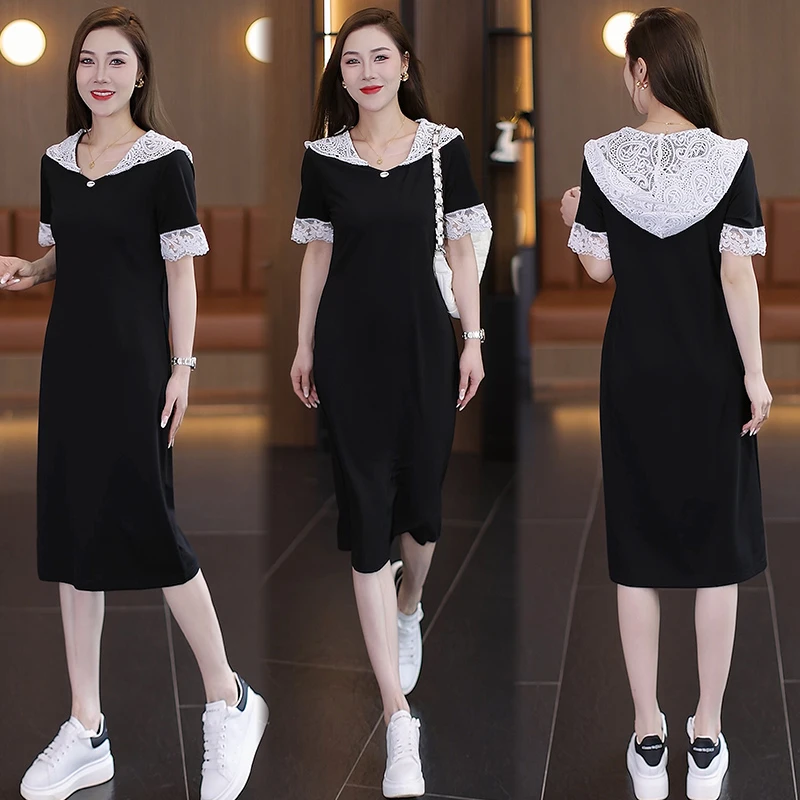 高级轻奢蕾丝连帽拼接短袖连衣裙女夏季气质宽松显瘦遮肉帽衫长裙