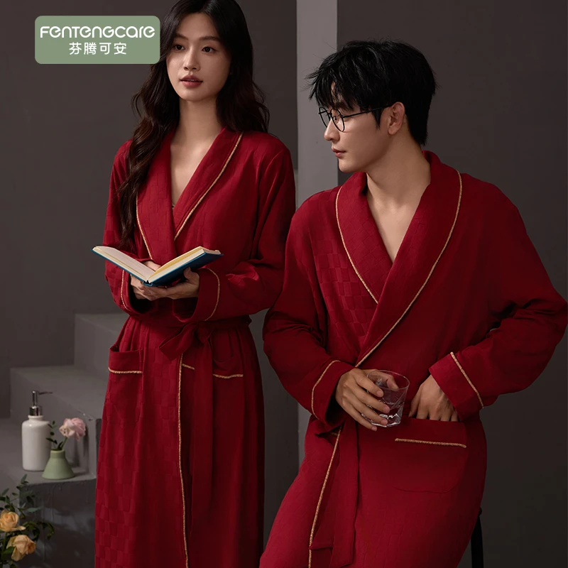 芬腾可安睡衣春秋季新款情侣纯棉睡袍本命年中长款大红浴袍家居服