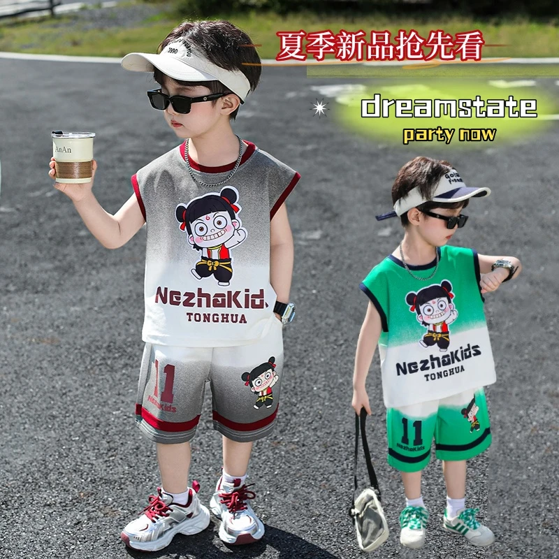 哪吒儿童衣服2025新款男童夏套装宝宝无袖背心夏装小男孩运动服装