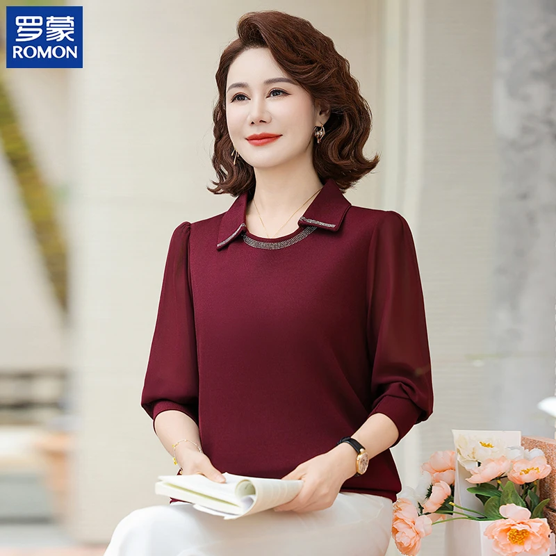 罗蒙妈妈装秋装气质长袖中年50岁宽松上衣中老年女装时尚纯色小衫