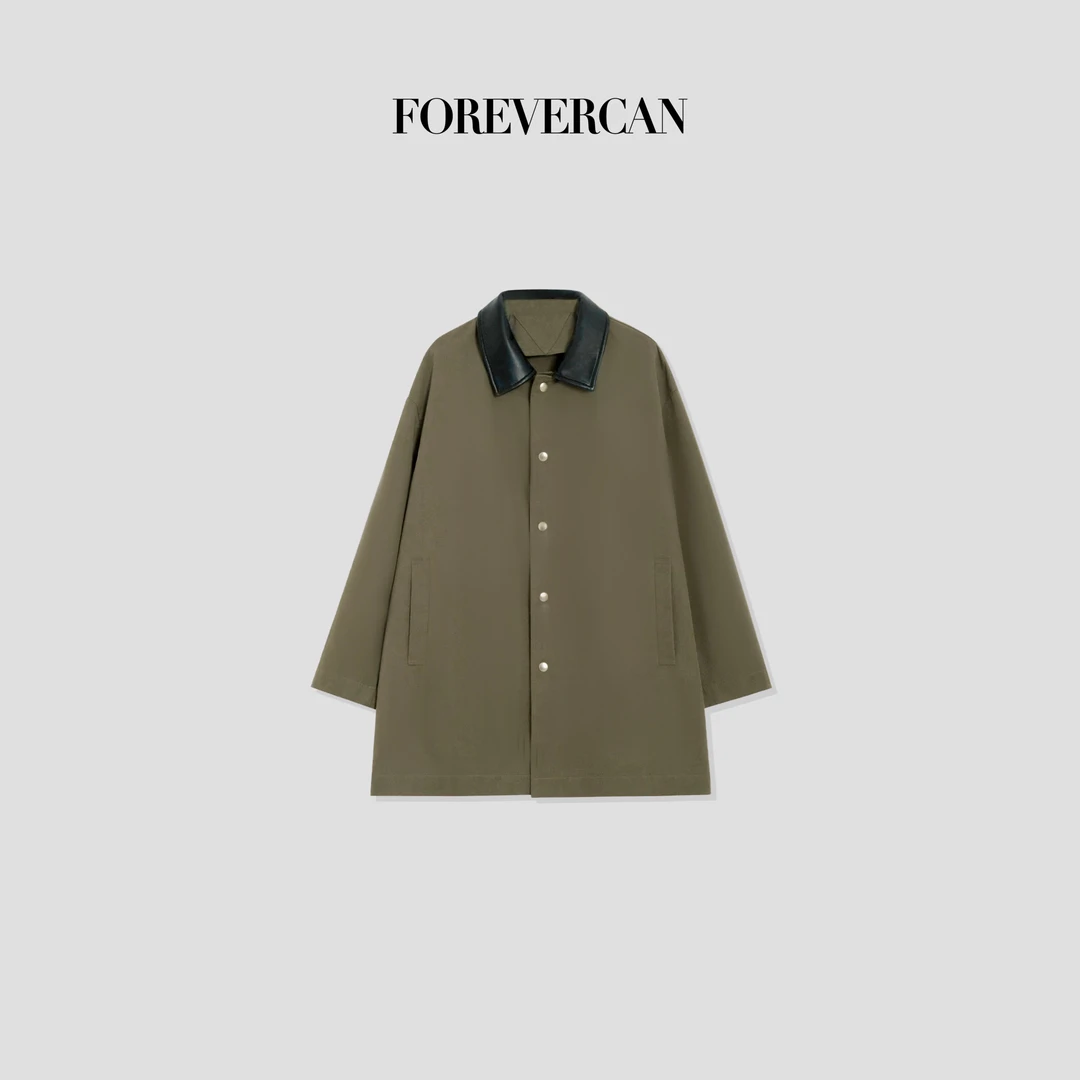 FOREVERCAN“奥斯陆”撞色拼皮翻领中长款风衣外套SC22087