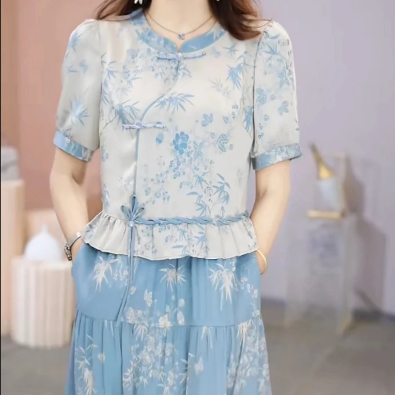 2025年新款夏季高级气质洋气时尚优雅大码中长款显瘦假两件连衣裙