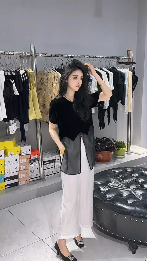 T恤纱网小众常规款开叉长款短袖设计师拼接常规气质