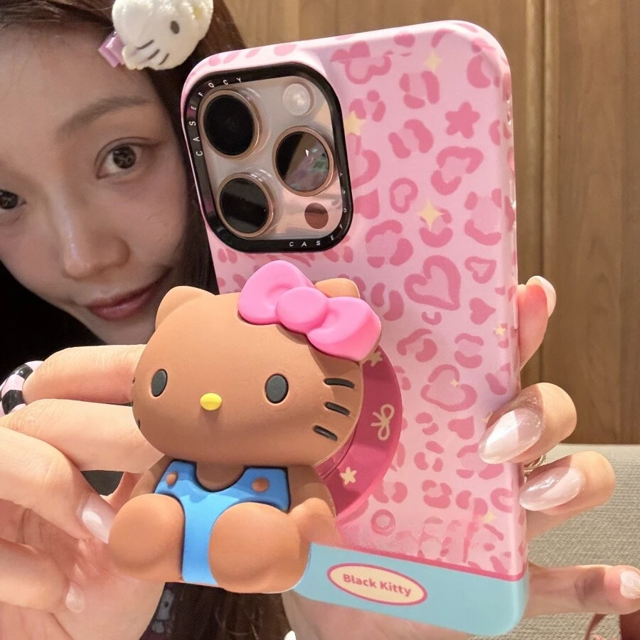 个性粉豹纹黑皮kitty猫磁吸适用苹果16promax手机壳17保护套14/13