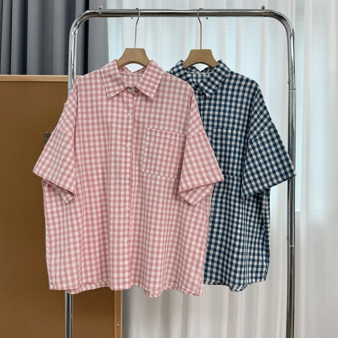 格子短袖衬衫女大版慵懒休闲五分半袖大码百搭夏季薄款透气衬衣