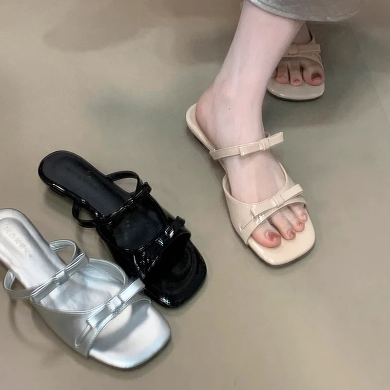 蝴蝶结法式仙女风低跟一字拖鞋2025夏季新款外穿海边度假凉拖鞋女