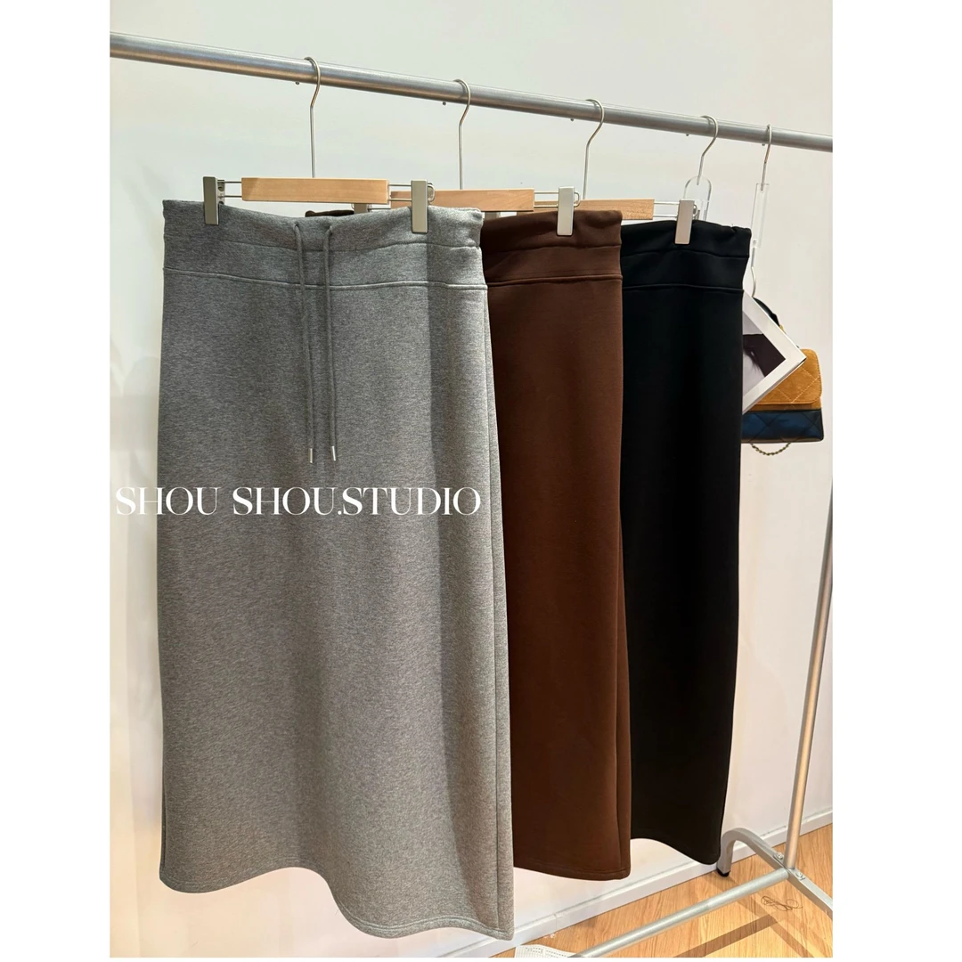 【瘦瘦】大码高腰宽边带抽绳加绒后开叉百搭垂感显瘦半身裙S02124