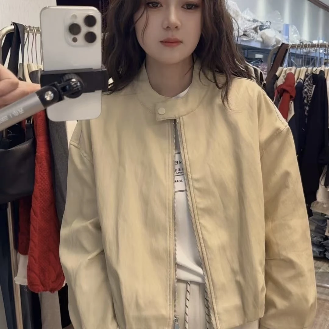 春季纯色圆领女拉链直下摆短外套短款百搭休闲蛋白皮衣