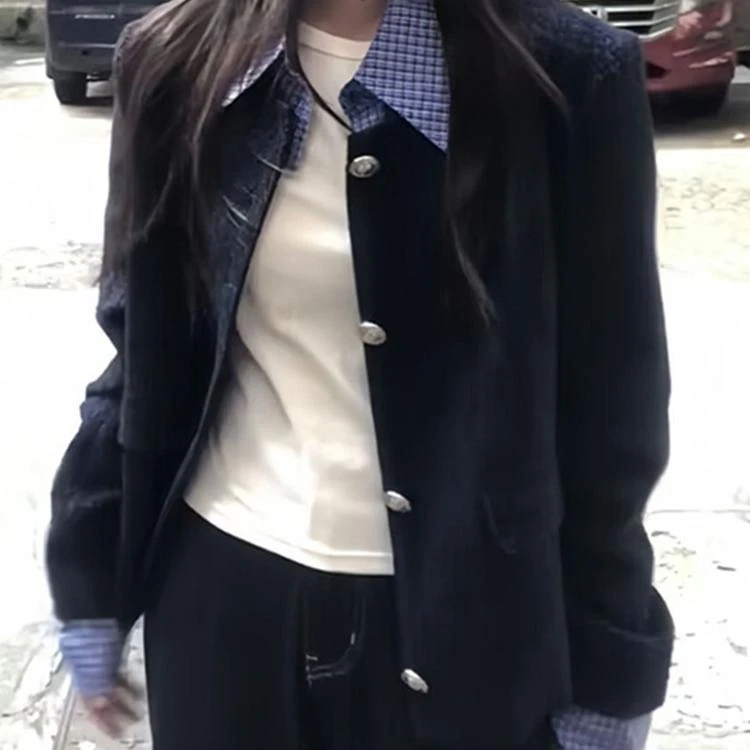 气质时尚百搭复古小香风短款秋季外套女士韩版开衫 韩系假两件拼