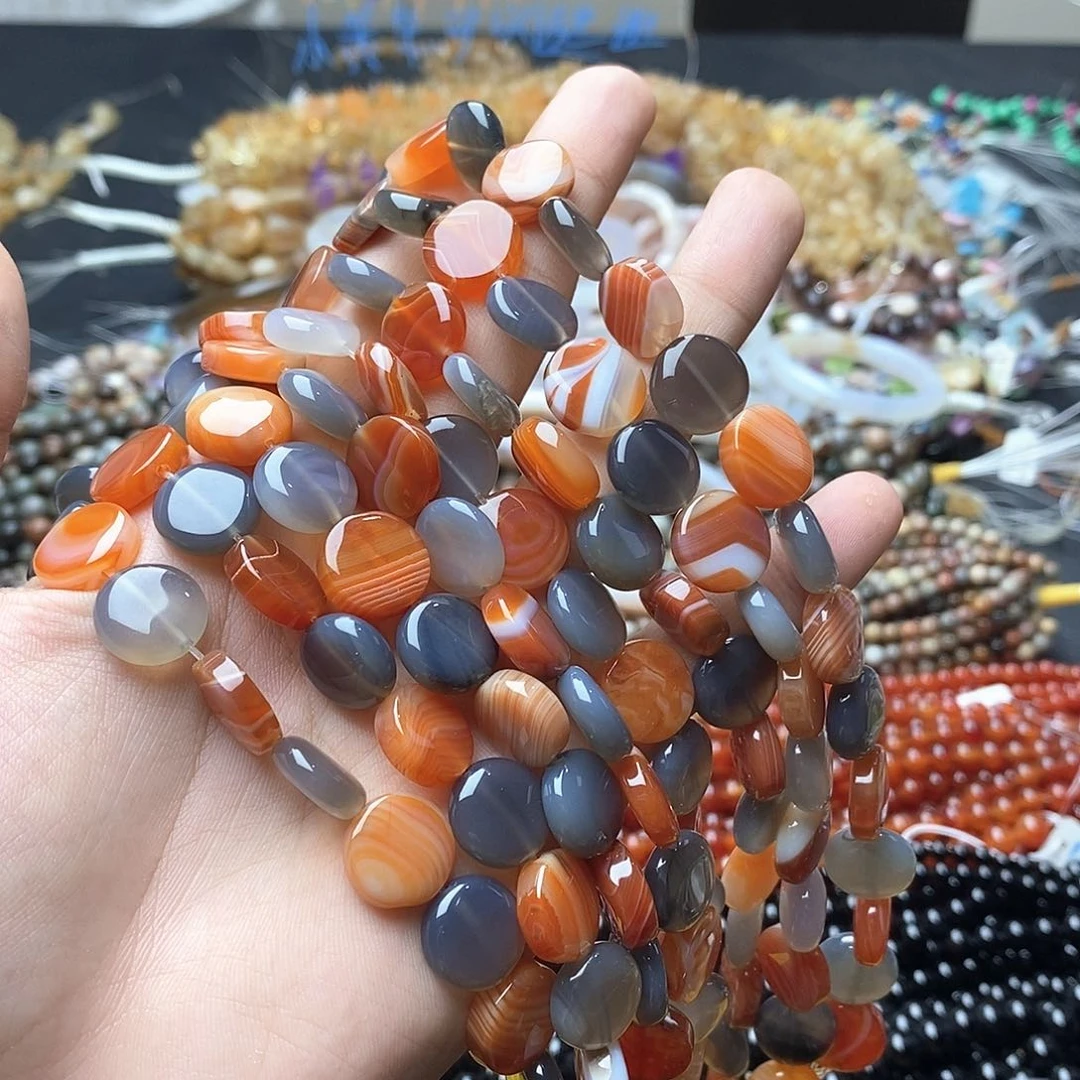 玛瑙/玉髓合金珠宝半成品一条13X14mm灰红蚕丝玛瑙蛋型