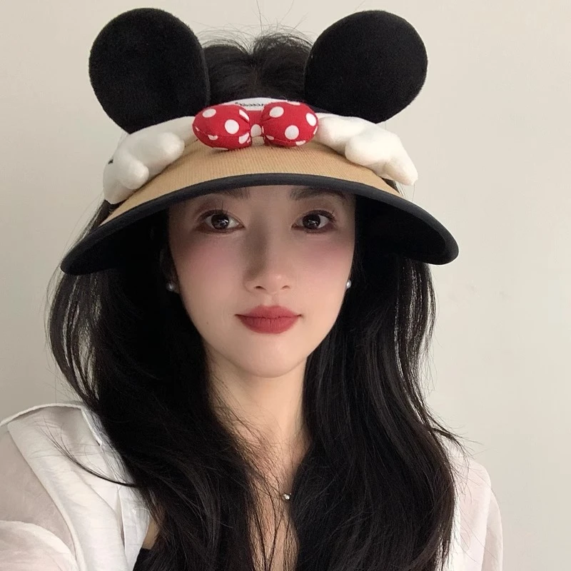 蝴蝶结卡通耳朵空顶防晒帽女夏季防紫外线遮阳帽黑胶大檐太阳帽子
