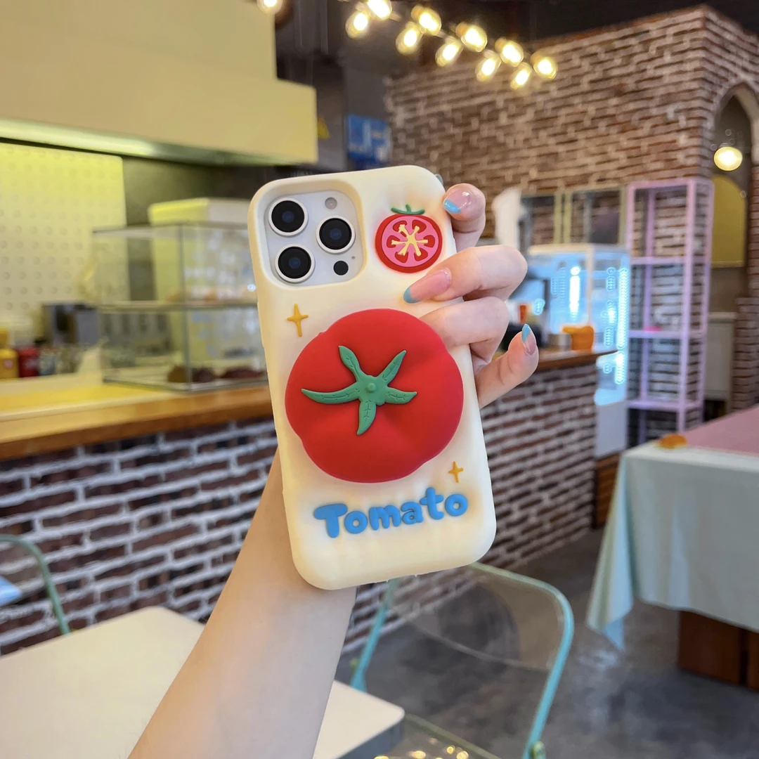 可爱立体番茄伸缩支架适用苹果16ProMax手机壳iphone15少女款硅胶