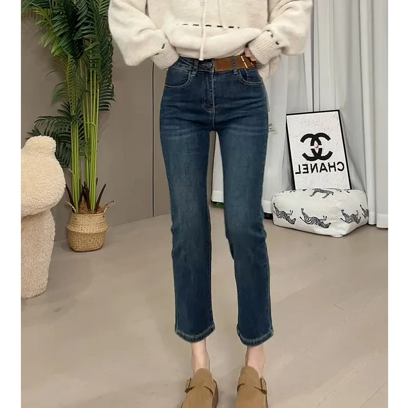 蓝色直筒法棍牛仔裤女秋冬加绒大码高腰弹力显瘦小个子九分烟管裤