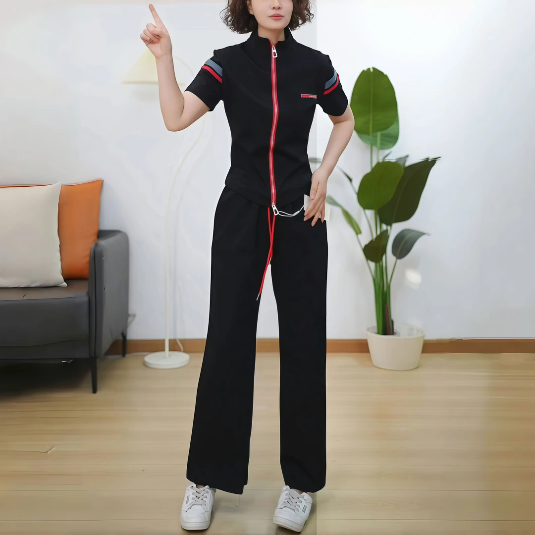 时尚拉链拼接撞色套装女2025夏季新款休闲显瘦短袖阔腿裤两件套女