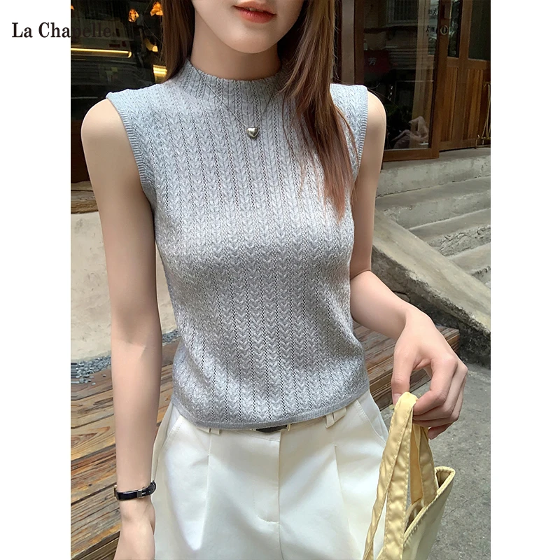 拉夏贝尔提花镂空针织衫女2025夏季设计感修身洋气吊带小背心上衣