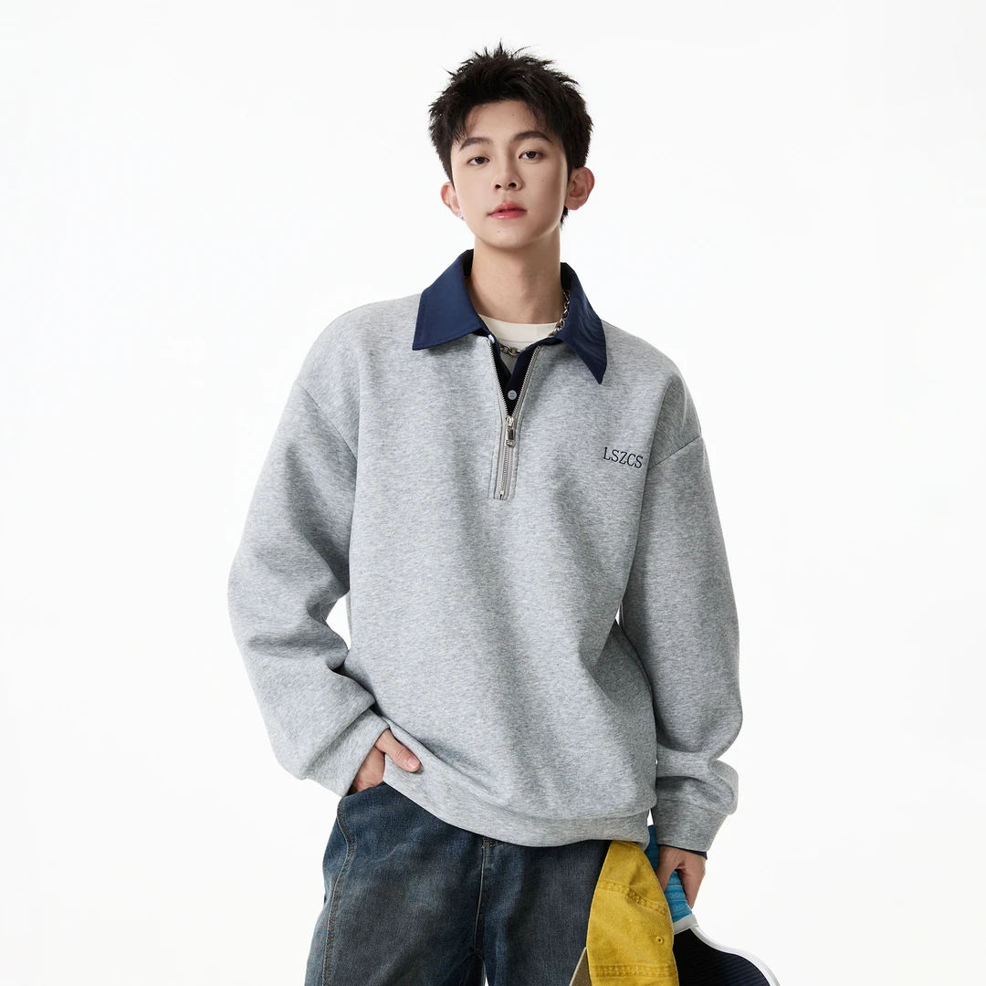 美式重磅复古撞色假两件长袖POLO衫男潮牌宽松加绒加厚半拉链卫衣