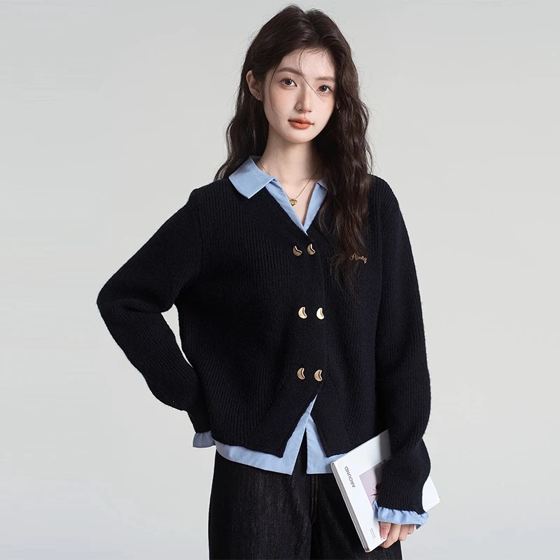 假两件POLO领毛衣女春秋2025新款学院风拼接针织开衫外套短款上衣