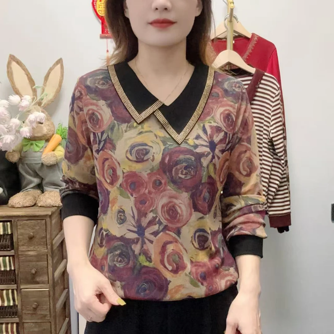 【丽姐家】洋气秋季翻领中老年女装宽松型常规时尚女士小衫上衣