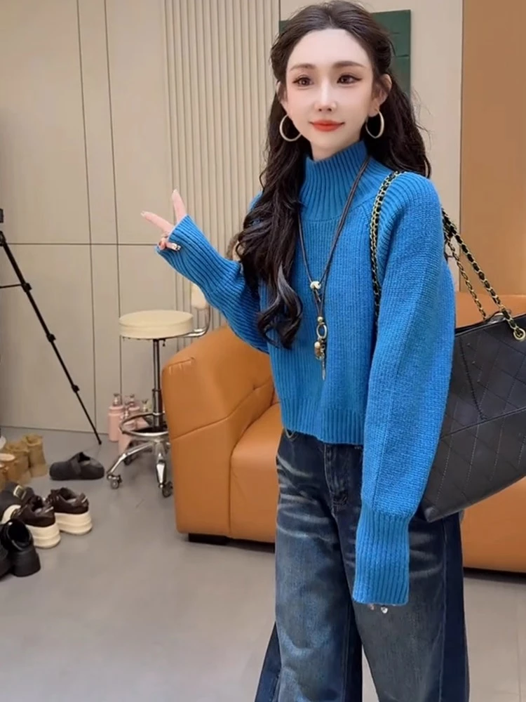 慵懒风高领时尚正肩长袖毛衣女2025冬季新款修身显瘦短款休闲上衣