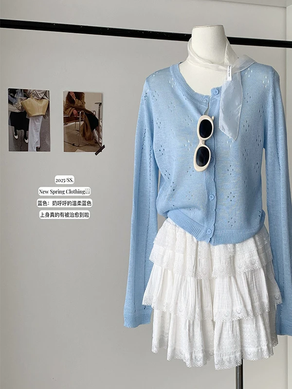 2025春夏新款甜美温柔可爱镂空针织开衫女韩系简约小个子短款上衣