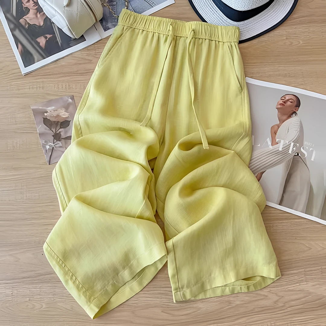 天丝亚麻黄色棉麻阔腿裤女夏季薄款2025新款高腰垂坠感九分直筒裤