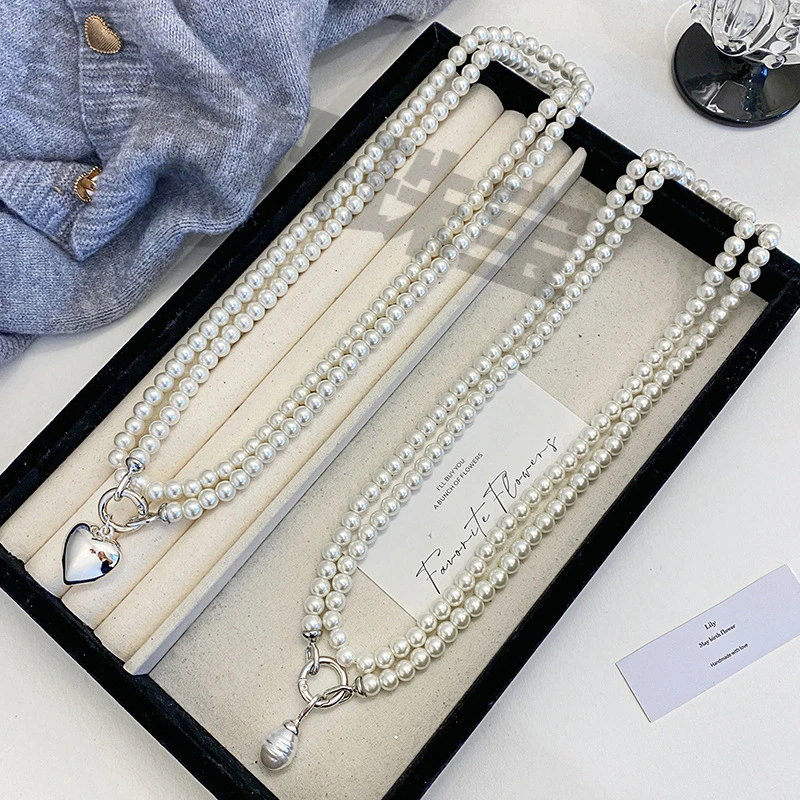 合金项链 正圆施家珍珠双层叠戴百搭长款高级衣服挂件春夏毛衣链