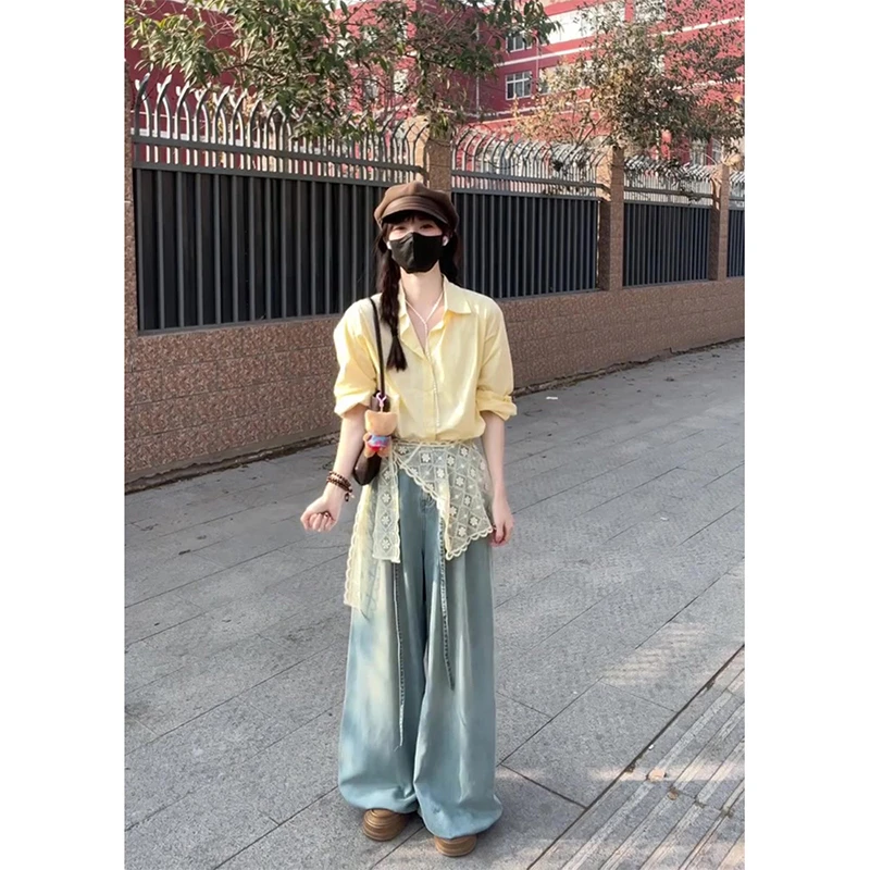 黄色时尚polo领长袖衬衫女2025春季新款通勤百搭洋气小衫高级上衣