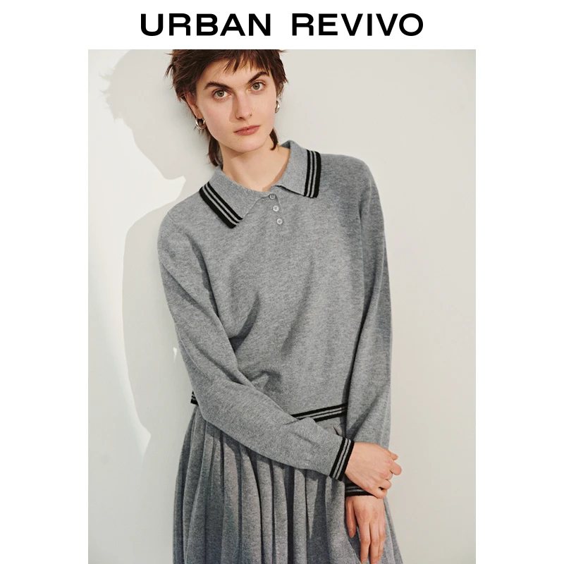 UR2025春季新品女装欧若风休闲格雷系撞色翻领针织衫UWH950034