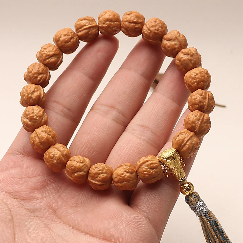 猴头核桃手串雕刻金蟾蛤蟆背三通流金岁月单圈佛珠文玩手链1.2