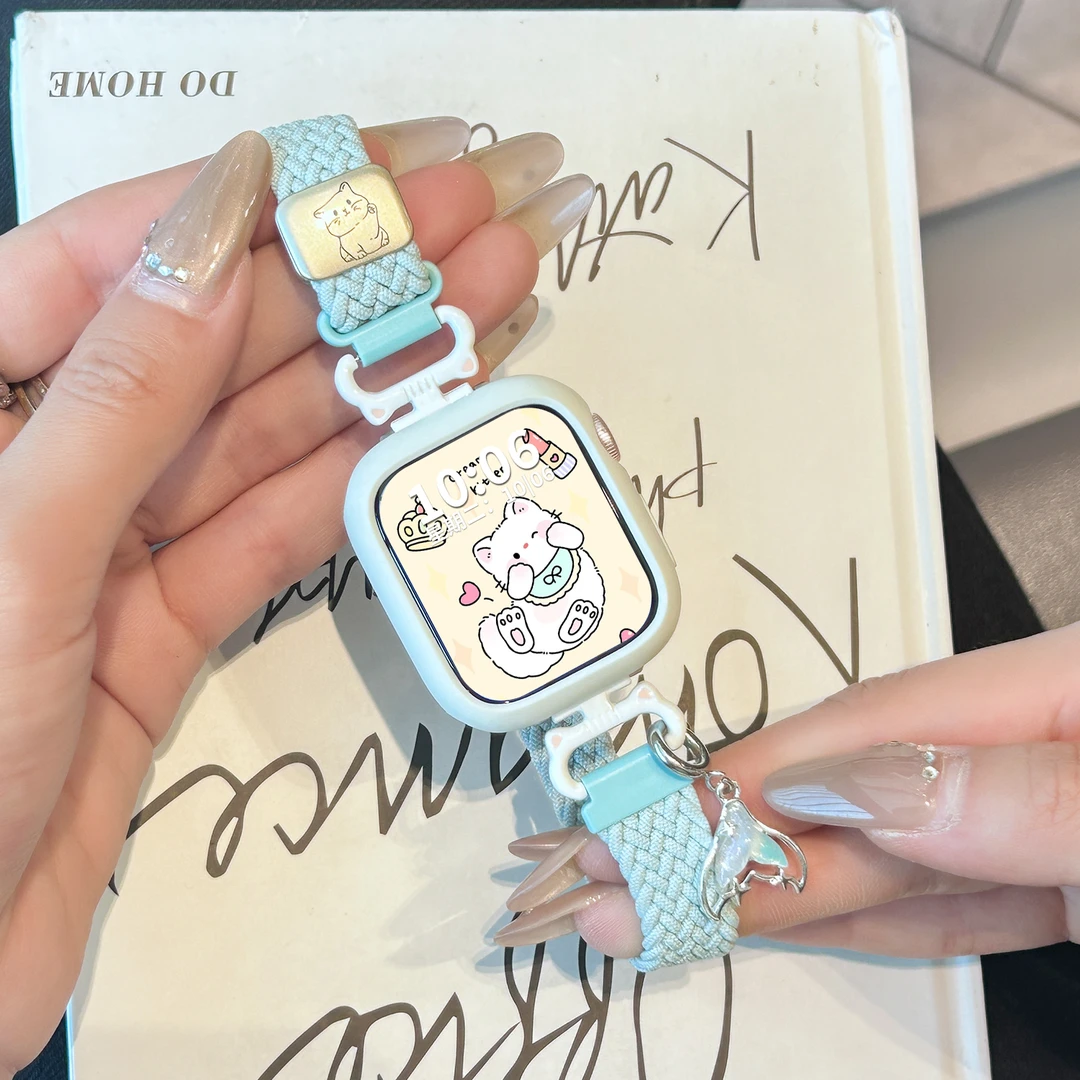 适用iwatchs9手表猫咪挂坠s11尼龙apple watch苹果手表S10/8腕带
