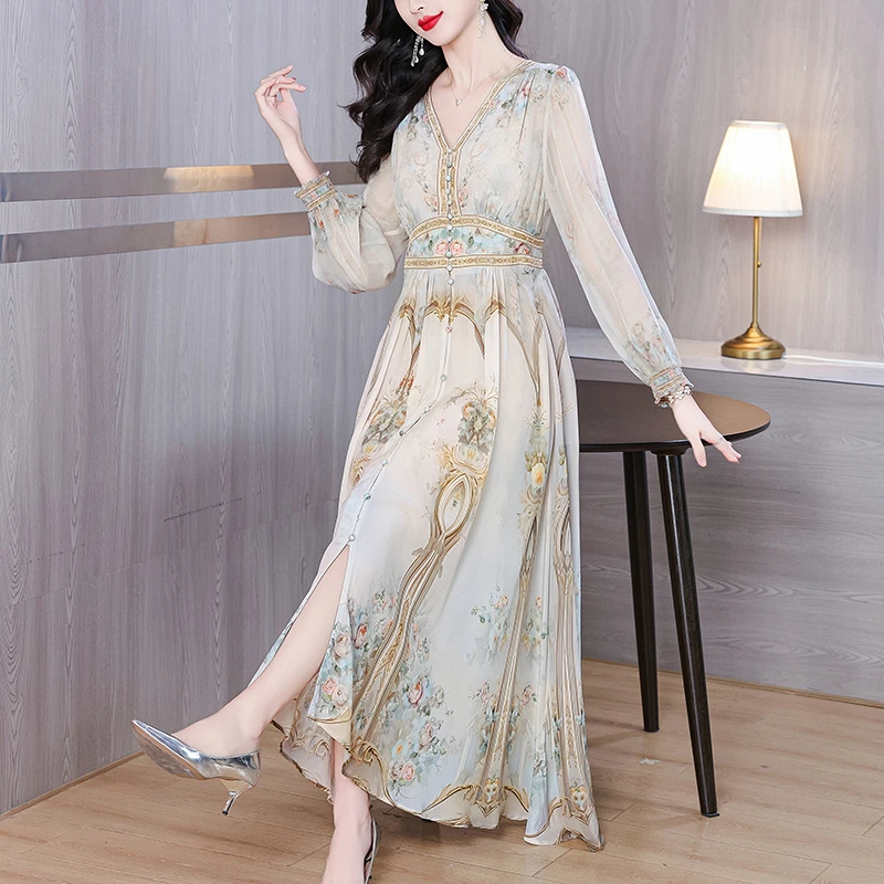 真丝连衣裙女春2025新款高端名媛时尚气质裙杭州桑蚕丝复古印花裙