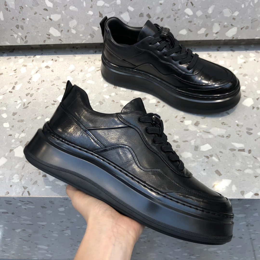 黑色纯皮男鞋男生鞋子干净感痞帅男鞋厚底板鞋高端品质男潮鞋潮流