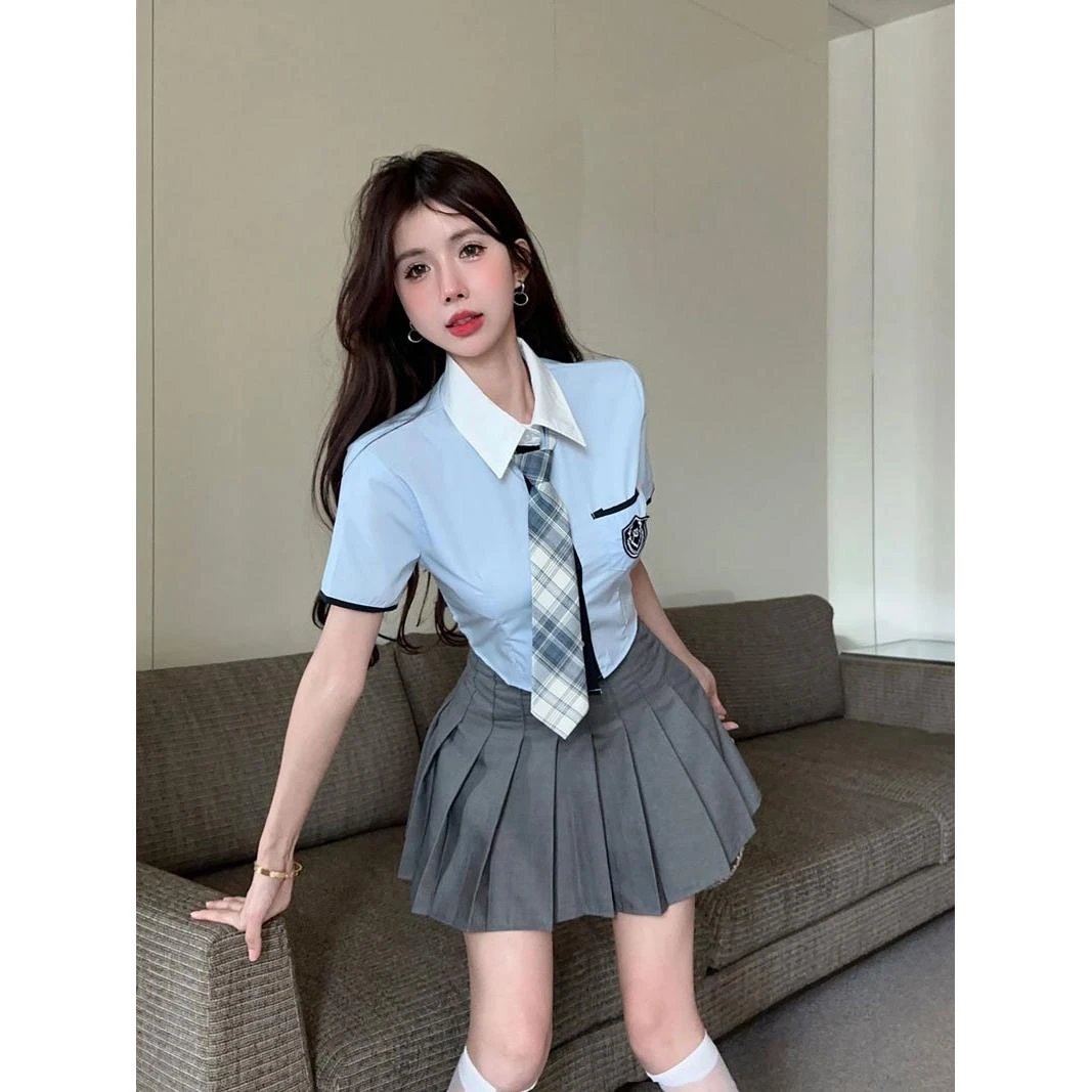 学院风套装女夏小个子jk制服减龄短袖职业衬衫百褶短裙气质两件套