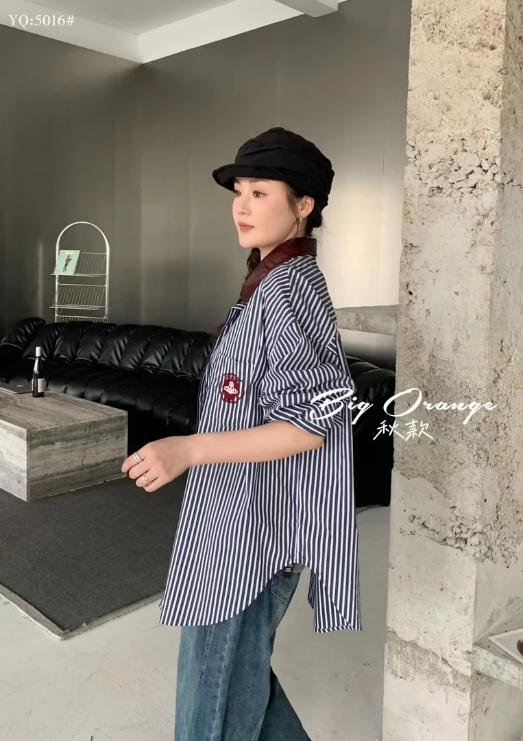 大橘子大码条纹宽松型街头风中长款翻领衬衫时尚百搭秋季潮流
