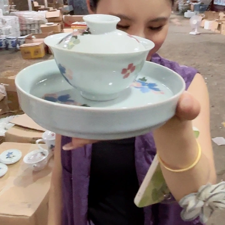 摆件景德镇高温陶瓷紫荆花三才盖碗