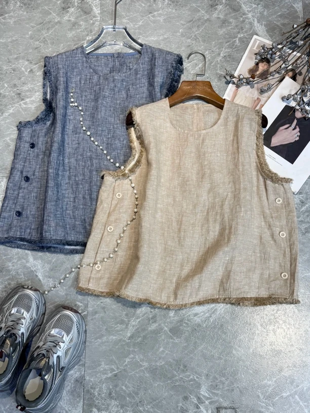 夏季新款亚麻坎肩老钱风设计感气质高级无袖圆领背心