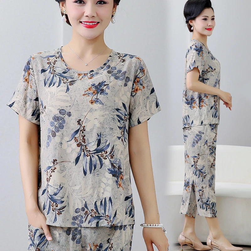 [上衣+裤子]绵绸大码时尚休闲夏季宽松显瘦洋气薄款套装