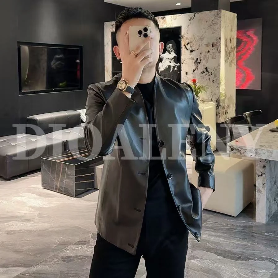 【帅老板】28757早春轻奢男士小V领羊皮夹克外套