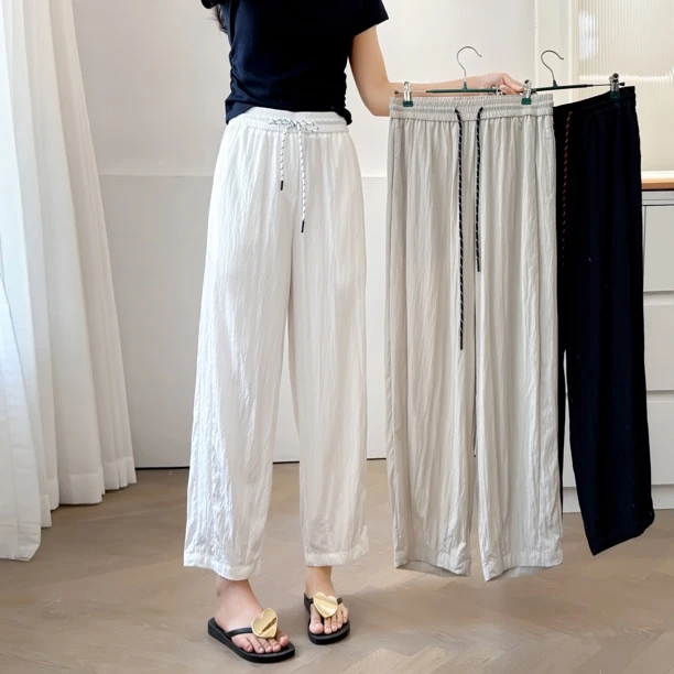 大码女装夏季薄款高腰宽松休闲直筒九分阔腿裤