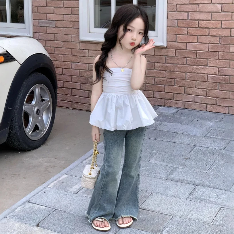 2025夏季新款女童套装韩版辣妹风荷叶边抹胸背心毛边牛仔裤喇叭裤