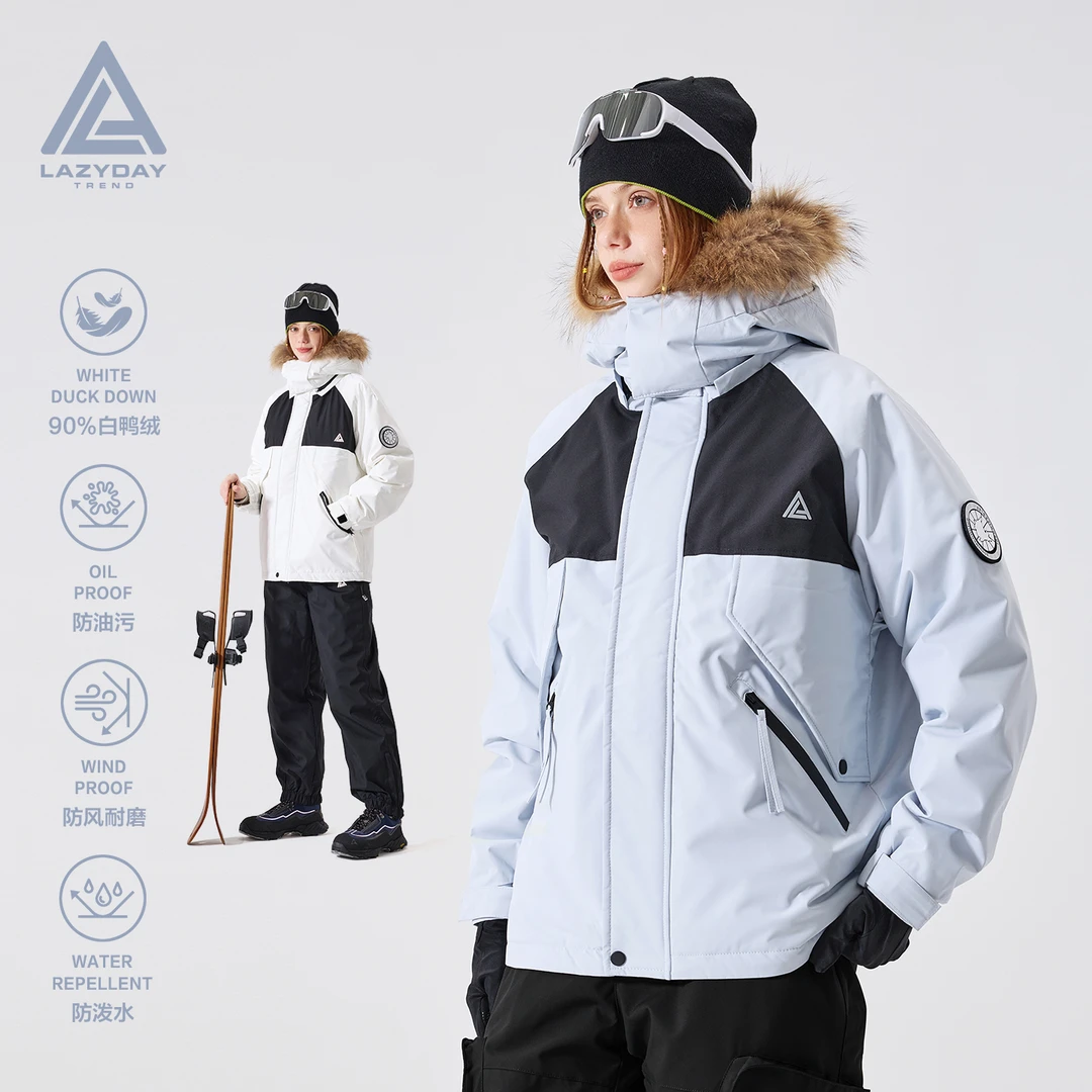LAZY DAY户外三防90白鸭绒羽绒派克服女冬季防风高领连帽保暖外套